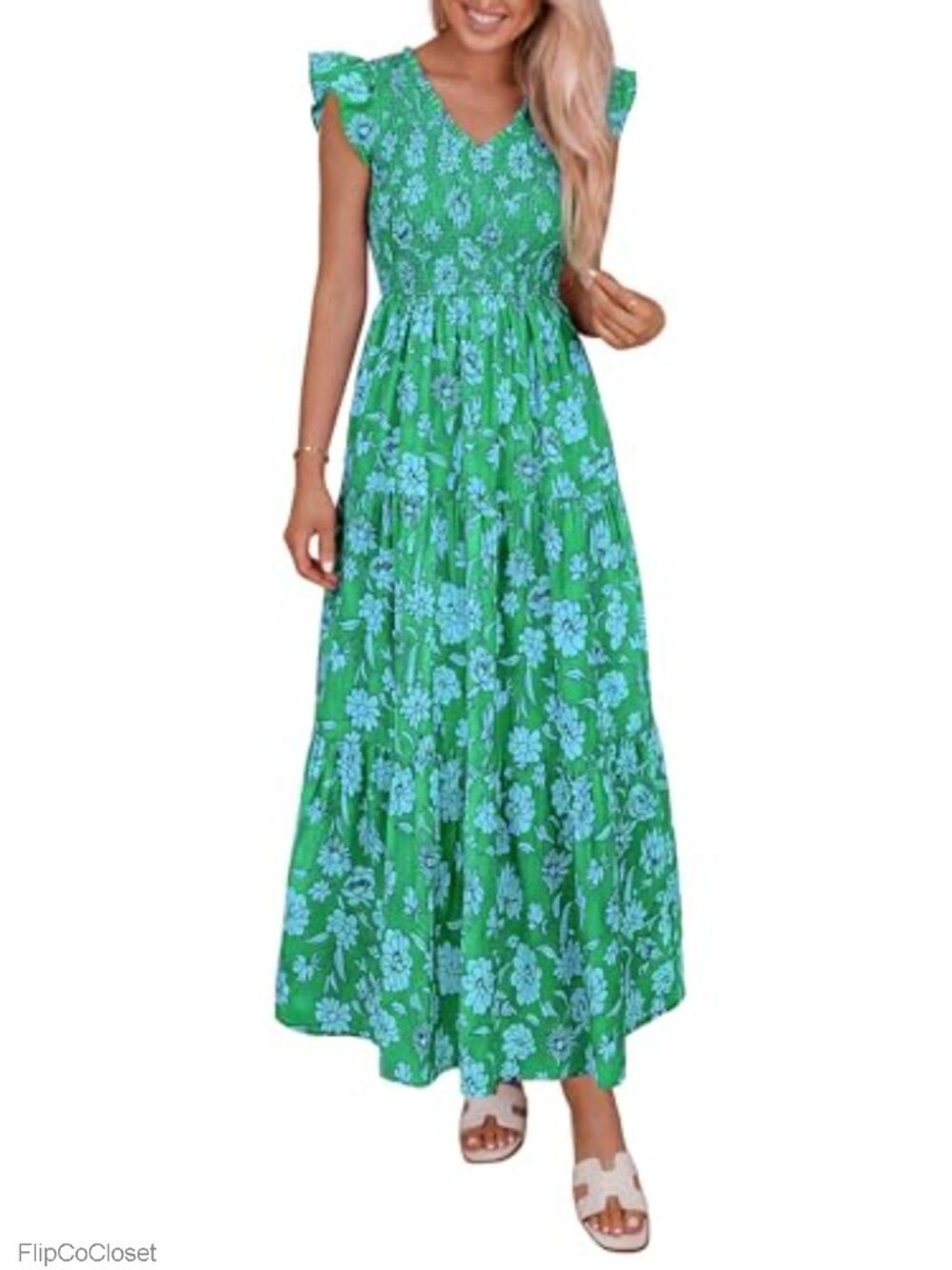 PRETTYGARDEN Women's Boho Floral Maxi Dress, Smocked V-Neck Layered Ruffle
